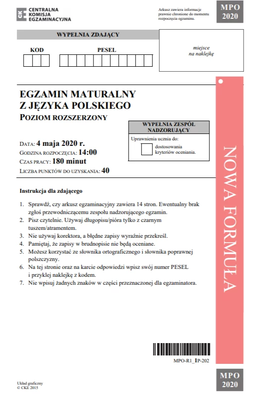 MATURA 2020. JĘZYK POLSKI POZIOM ROZSZERZONY. Arkusz CKE 