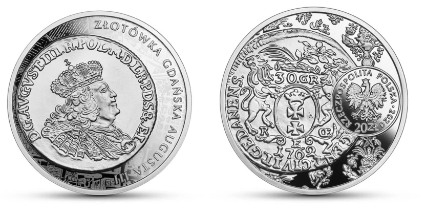 Historia Monety Polskiej – złotówka gdańska Augusta III, 20 zł, rewers (L) i awers (P)