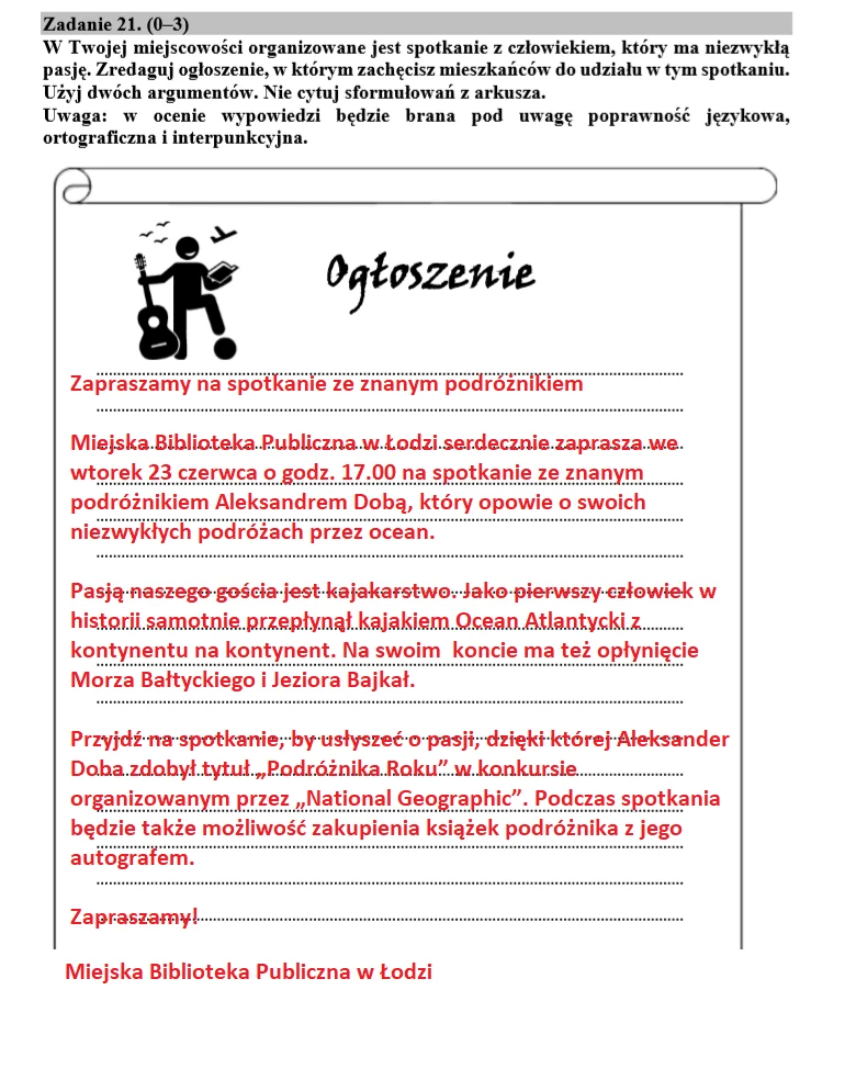 EGZAMIN ÓSMOKLASISTY 2020: Język polski; przykładowe ogłoszenie 