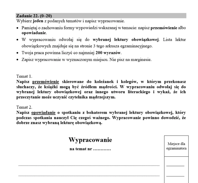 EGZAMIN ÓSMOKLASISTY 2020: Język polski: tematy