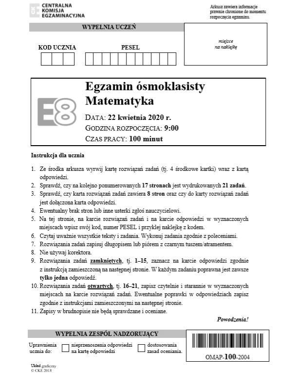 Egzamin ósmoklasisty 2020. Matematyka. Arkusz CKE Egzamin ósmoklasisty 2020. Matematyka. Arkusz CKE