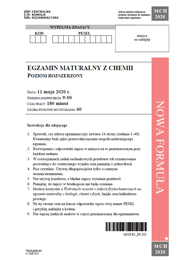 Matura 2020: Chemia - arkusz CKE Matura 2020: Chemia - arkusz CKE
