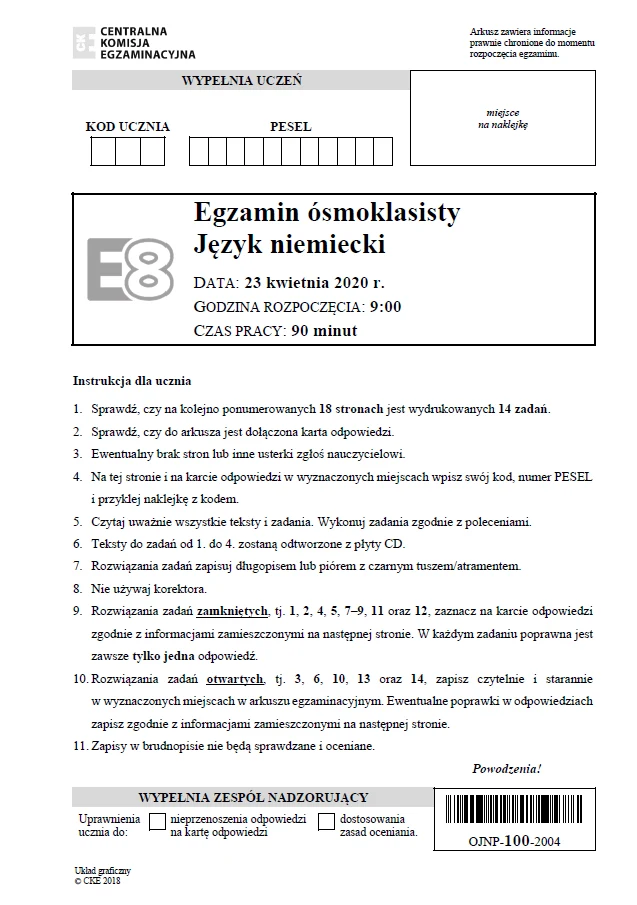 Egzamin ósmoklasisty 2020: Niemiecki - arkusz CKE
