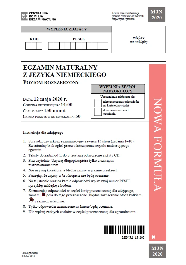 Matura 2020: Język niemiecki (poziom rozszerzony) – arkusz CKE Matura 2020: Język niemiecki (poziom rozszerzony) – arkusz CKE