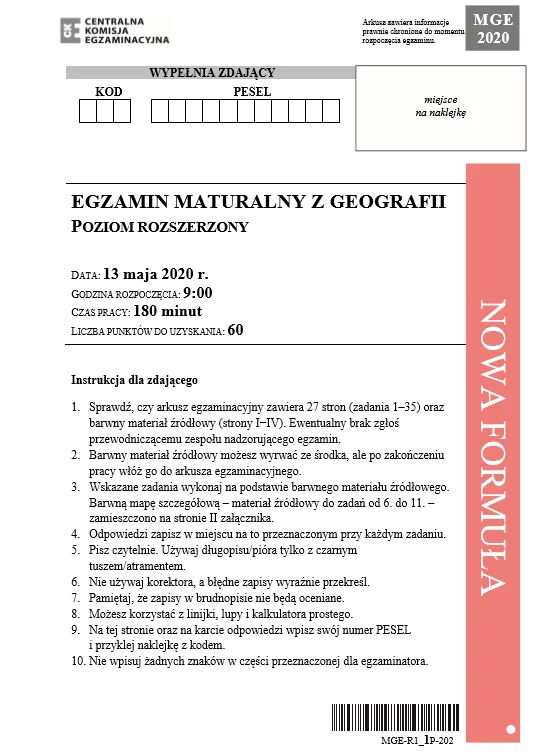 MATURA 2020: Geografia rozszerzona. Arkusz CKE MATURA 2020: Geografia rozszerzona. Arkusz CKE