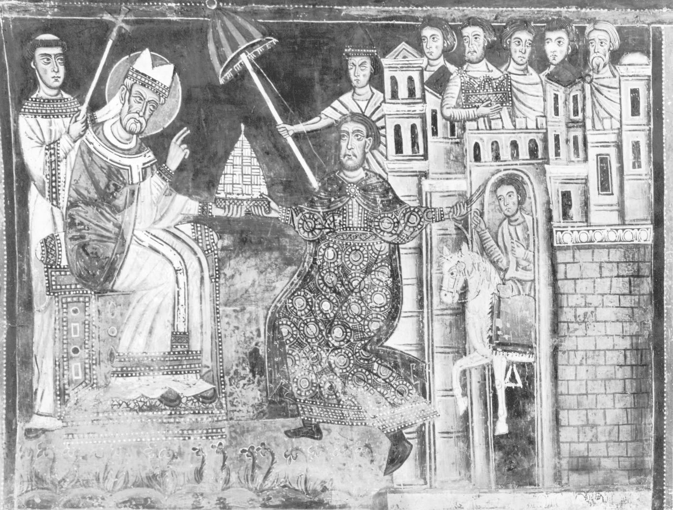 Ilustracja przedstawiająca papieża Sylwestra I akceptującego dar Konstantyna Wielkiego
