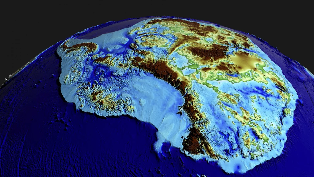 Grafika przedstawiająca topografię Antarktydy. Dzięki prowadzeniu regularnych pomiarów naukowcy mogą przewidywać, ile lodu ubędzie i gdzie należy spodziewać wzrostu poziomu mórz