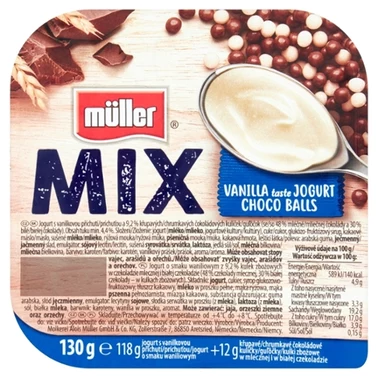 Müller Mix Jogurt o smaku waniliowym z kulkami zbożowymi oblanymi czekoladą mlecznej i białą 130 g - 3