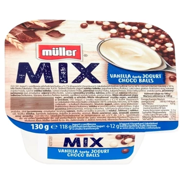 Müller Mix Jogurt o smaku waniliowym z kulkami zbożowymi oblanymi czekoladą mlecznej i białą 130 g - 2