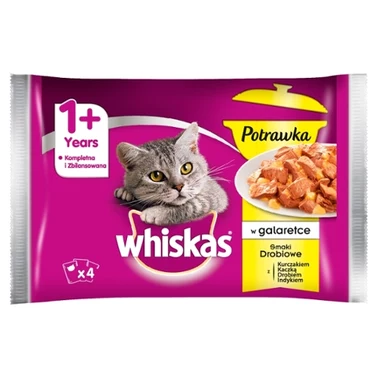 Whiskas 1+ lat Karma pełnoporcjowa potrawka w galaretce smaki drobiowe 340 g (4 x 85 g) - 0