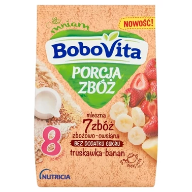 BoboVita Porcja zbóż Kaszka mleczna 7 zbóż zbożowo-owsiana truskawka-banan po 8 miesiącu 210 g - 2