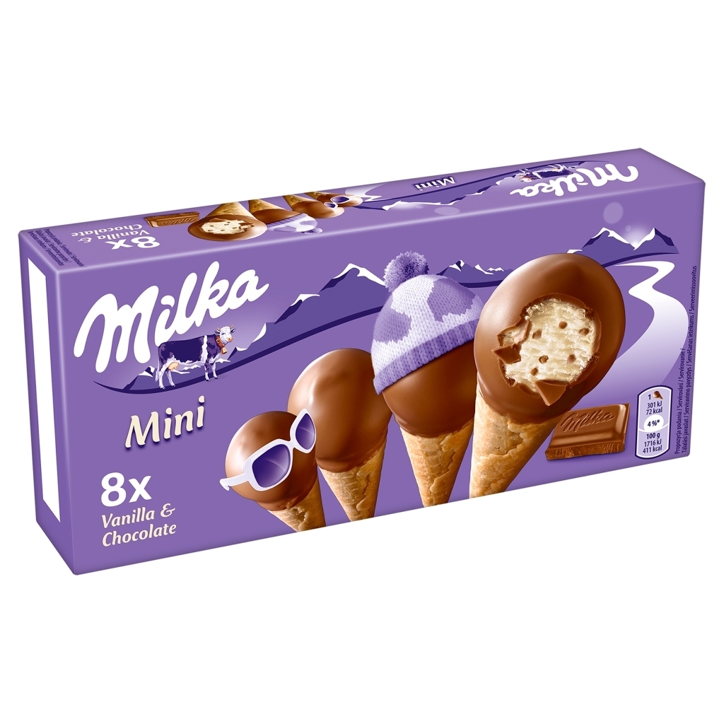 Milka Mini Lody o smaku waniliowym z kawałkami czekolady mlecznej w polewie 200 ml (8 x 25 ml) - 0
