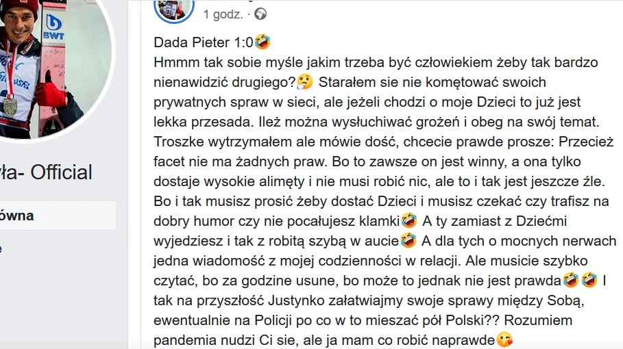 Wpis Piotra Żyły na Facebooku
