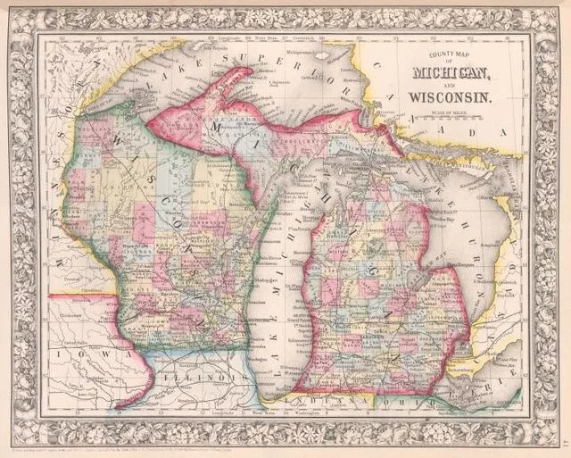 Mapa stanów Michigan i Wisconsin