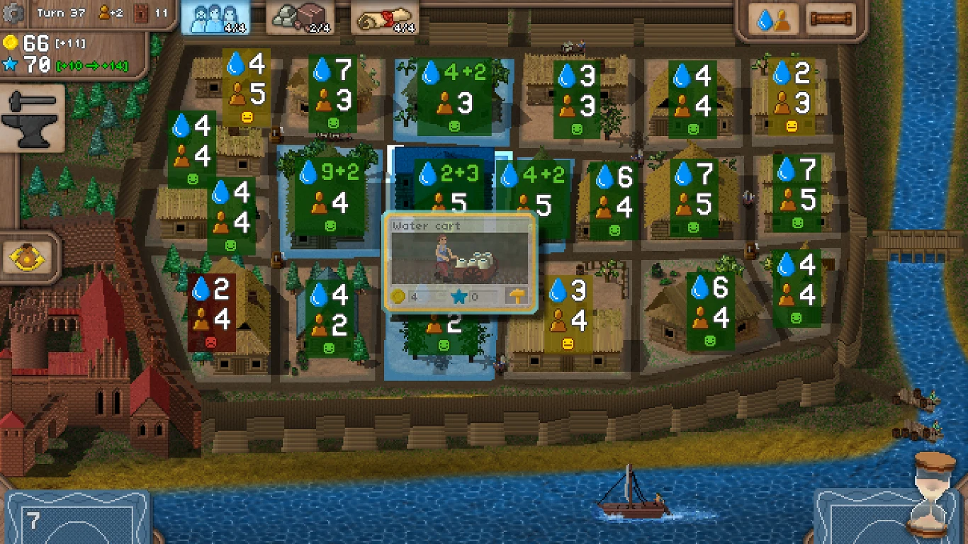 Grafika w Waterworks może i jest prosta, ale mechanika zabawy jest już dość rozbudowana i wciągająca. Akcja toczy się w turach, a gracz zagrywa kolejne karty z talii. Są to na przykład osoby do przenoszenia wody, studnie, wieże ciśnień i tak dalej. Wraz z upływem czasu przemierzamy wieki.