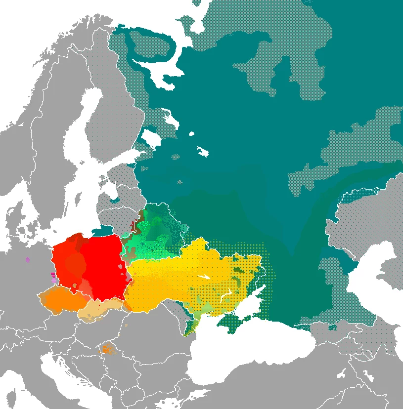 Mapa zasięgu języków północnosłowiańskich