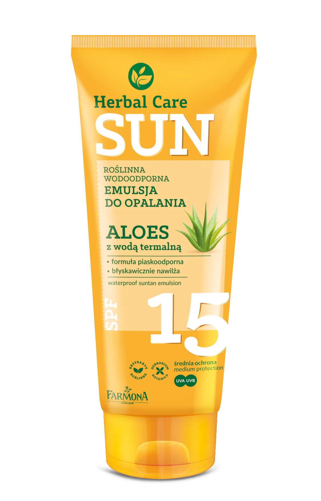 Roślinna wodoodporna emulsja do opalania SPF 15 ALOES z wodą termalną Roślinna wodoodporna emulsja do opalania SPF 15 ALOES z wodą termalną