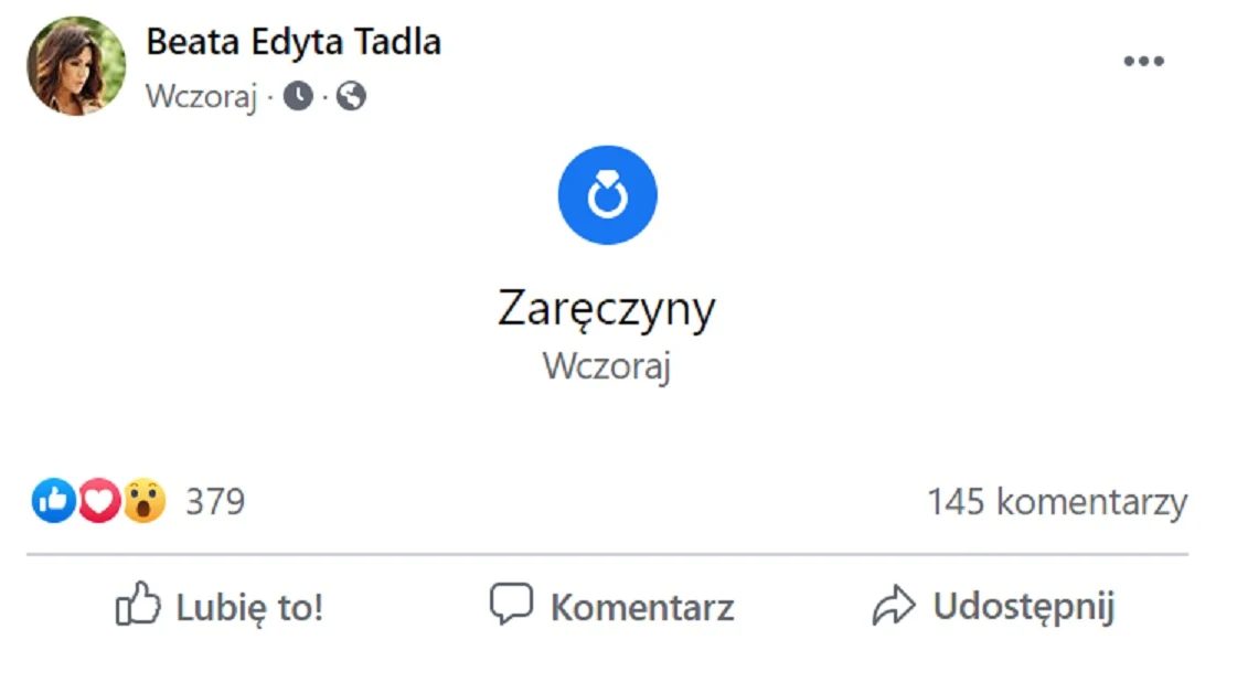 Beata Tadla powiadomiła o swoich zaręczynach za pośrednictwem konta na portalu społecznościowym Beata Tadla powiadomiła o swoich zaręczynach za pośrednictwem konta na portalu społecznościowym