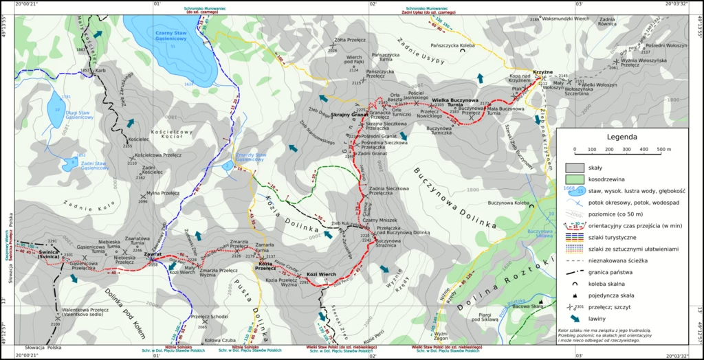 Mapa Tatr, na której zobaczycie Świnicę oraz sąsiadujący ze szczytem słynny szlak Orla Perć