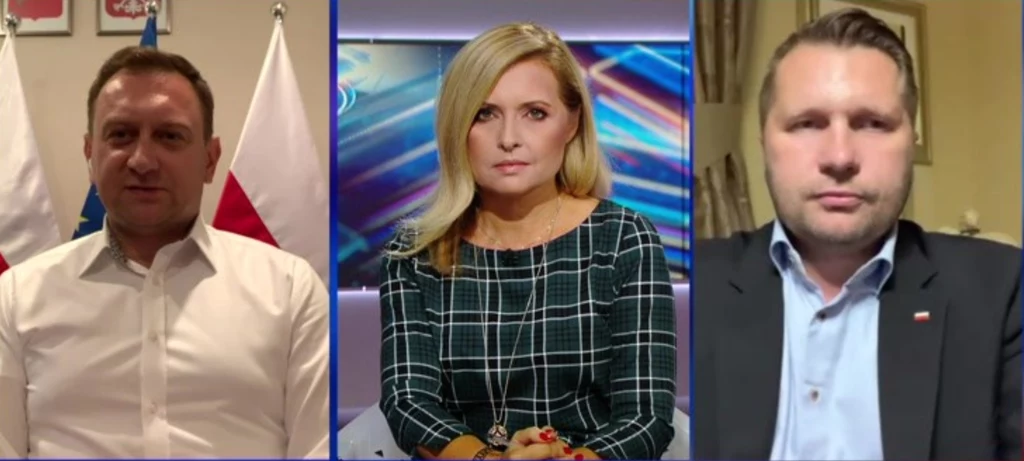 Tomasz Trela z Lewicy, prowadząca Agnieszka Gozdyra i Przemysław Czarnek z PiS Tomasz Trela z Lewicy, prowadząca Agnieszka Gozdyra i Przemysław Czarnek z PiS