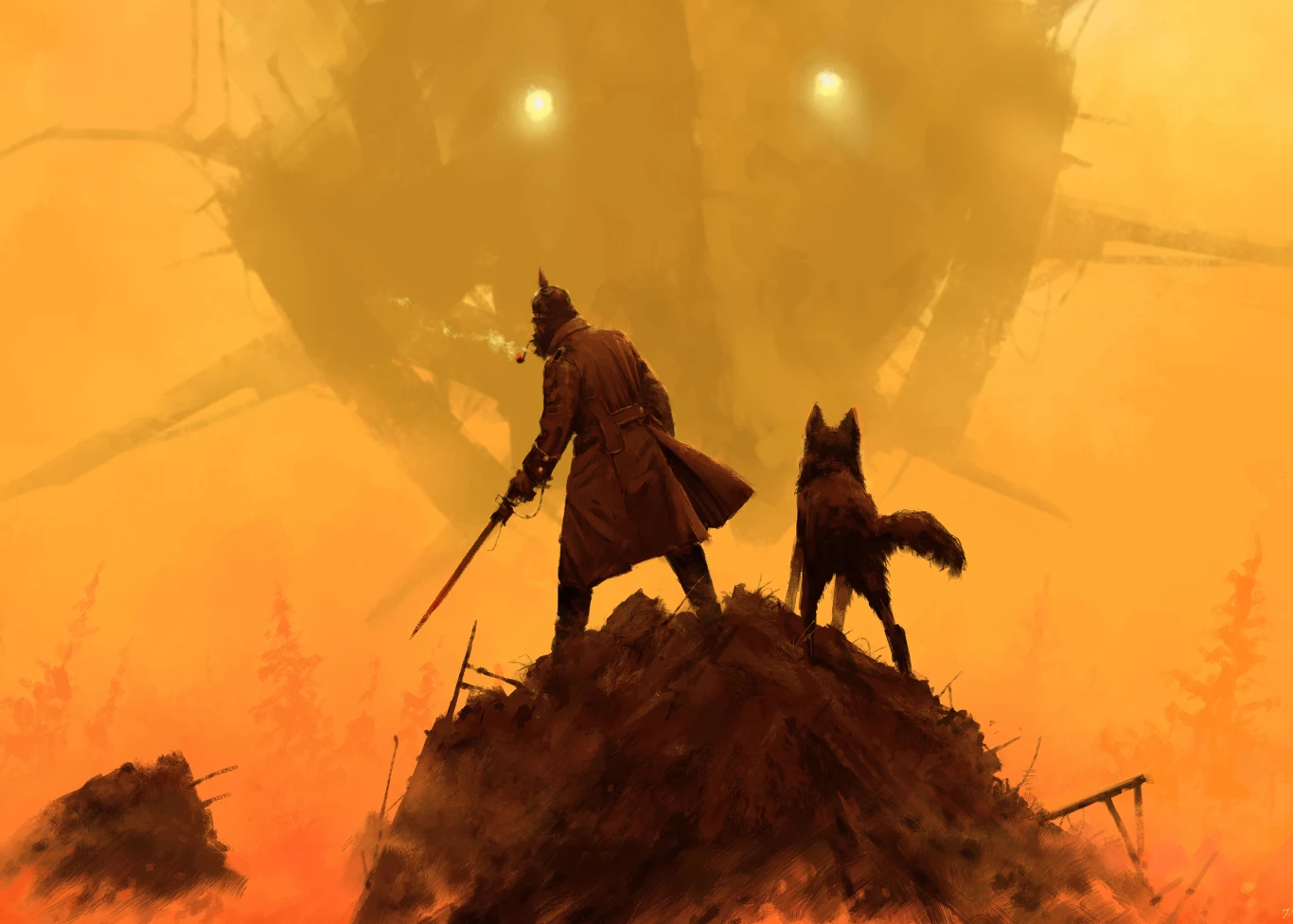 Kiedy ogląda się twoje prace, to wzrok od razu skupia się na majestatycznych mechach. Na co jeszcze powinniśmy, jako odbiorcy, zwracać szczególną uwagę? Czy poukrywałeś w swoich obrazach jakieś easter eggi? - Ostatnią rzeczą jaką chciałbym tłumaczyć jest to na co odbiorcy moich obrazów powinni zwracać uwagę i czego szukać! Uważam, że to jest bardzo indywidualna sprawa, każdy znajduje dla siebie coś innego, coś co przykuwa uwagę i co sprawia, że dany obraz mu się podoba lub nie. Każdy odbiera sztukę na swój własny sposób i to jest piękne. - Bardzo lubię opowiadać i tworzyć historię poprzez moją twórczość, otwierać widzom pewnego rodzaju drzwi do różnych światów i historii, co każdy za tymi drzwiami znajdą pozostawiam ich własnej wyobraźni i wrażliwości. Ludzie często tworzą własne historie na bazie moich ilustracji, krótkie opowieści, niektórzy nawet piszą wiersze, interpretują je na swój sposób, cieszę się bardzo, że tak to właśnie wygląda. Nie staram się ukrywać niczego specjalnie na moich obrazach, ale na pewno zdarza się, że moje prace zawierają jakieś szczegóły czy detale, które nie każdy wychwyci i do zrozumienia których potrzebny jest nieco szerszy kontekst lub znajomość różnych dzieł, książek lub filmów. - Wiele easter eggów (z ang. "jaja wielkanocne" - nawiązania do innych dzieł popkultury - red.) poukrywałem za to na mapie do gry planszowej "Scythe", sprawiło mi to sporo frajdy. W moich procesach pracy, które umieszczam w swojej galerii, również można znaleźć masę "pisanek"...