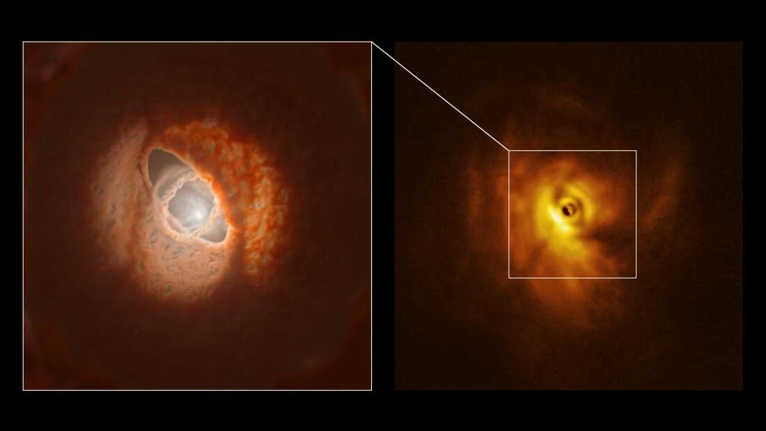 Po lewej wizja artystyczna pofałdowanego dysku protoplanetarnego, po prawej zdjęcie tego miejsca Po lewej wizja artystyczna pofałdowanego dysku protoplanetarnego, po prawej zdjęcie tego miejsca