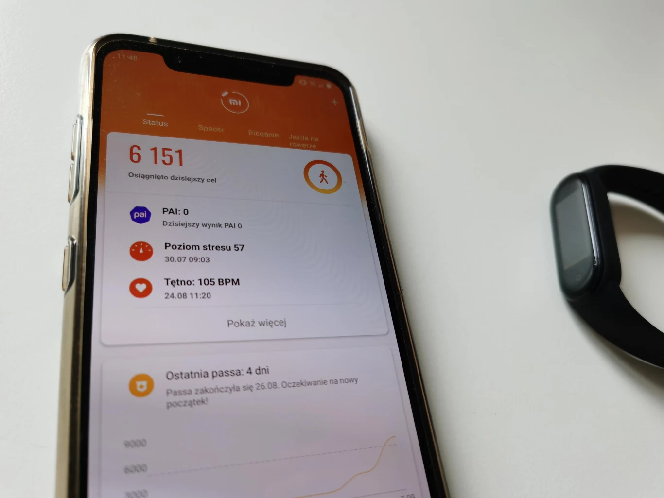 Aby w pełni skorzystać z funkcji opaski, musimy zainstalować aplikacje Mi Fit. Mi Band 5 zsynchronizuje się z nią po jej uruchomieniu, zbierając nasze statystyki treningowe. Dzięki apce możemy zdecydować, z jakich dodatkowych funkcji opaski chcielibyśmy skorzystać (powiadomienia, zmiana wyglądu menu itd.). Xiaomi chwali się wykorzystaniem w Mi Band 5 współczynnika PAI, czyli wskaźnika naszej aktywności fizycznej – utrzymanie go na odpowiednim poziomie zmniejsza ryzyko pojawienia się chorób. Aby w pełni skorzystać z funkcji opaski, musimy zainstalować aplikacje Mi Fit. Mi Band 5 zsynchronizuje się z nią po jej uruchomieniu, zbierając nasze statystyki treningowe. Dzięki apce możemy zdecydować, z jakich dodatkowych funkcji opaski chcielibyśmy skorzystać (powiadomienia, zmiana wyglądu menu itd.). Xiaomi chwali się wykorzystaniem w Mi Band 5 współczynnika PAI, czyli wskaźnika naszej aktywności fizycznej – utrzymanie go na odpowiednim poziomie zmniejsza ryzyko pojawienia się chorób.