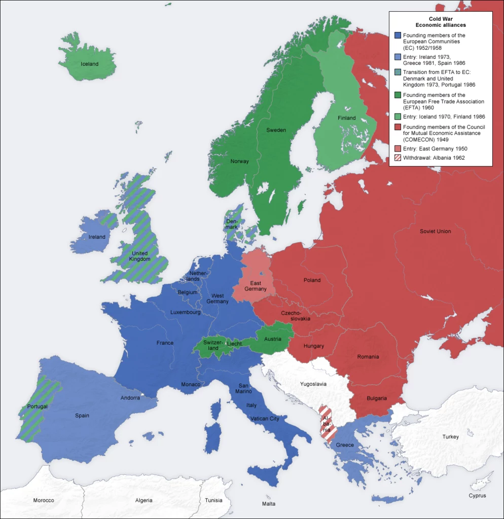 Mapa przedstawiająca zależności finansowe poszczególnych państw Starego Kontynentu po II wojnie światowej. Na niebiesko zaznaczono wspólnoty europejskie, na czerwono państwa Rady Wzajemnej Pomocy Gospodarczej, które przez odgórne decyzje odrzuciły Plan Marshalla. Wśród nich znalazła się Polska