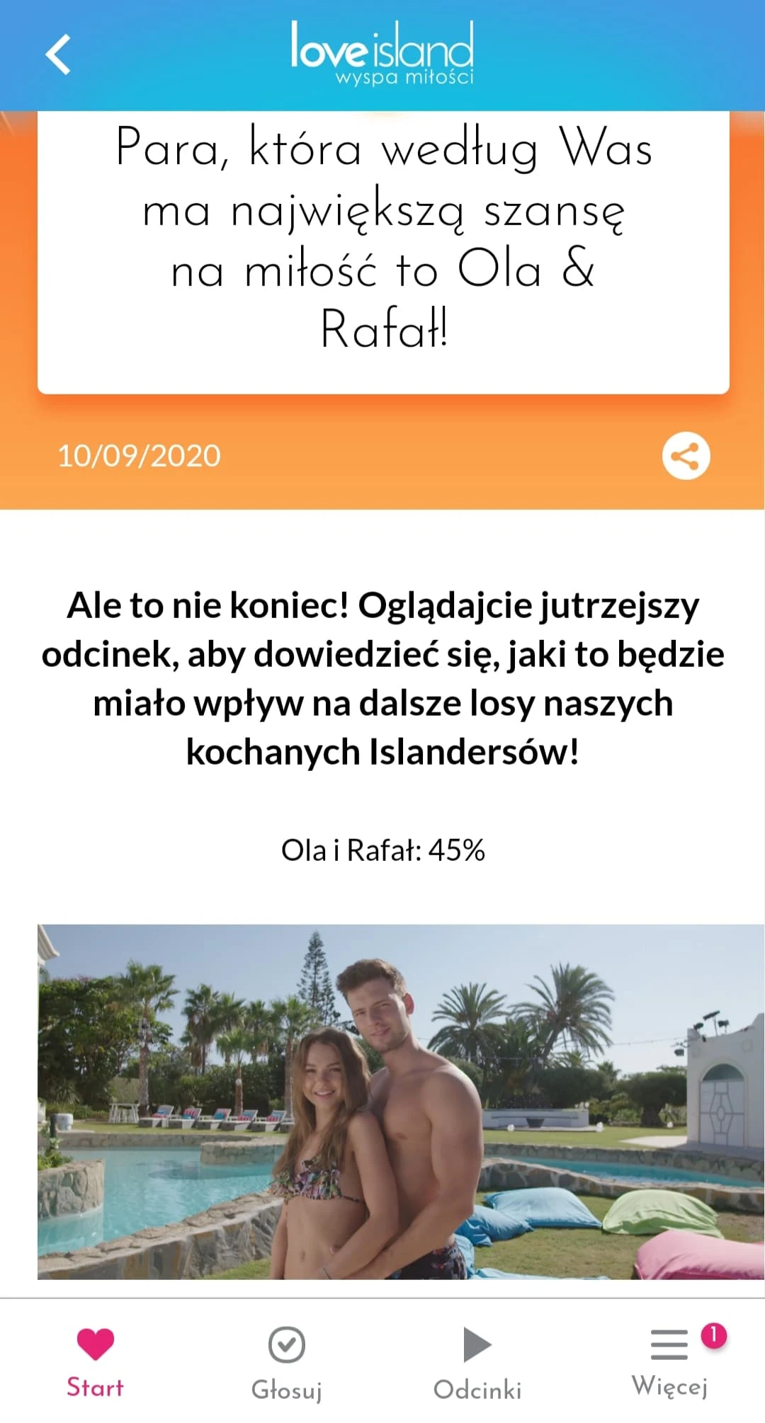 W głosowaniu w aplikacji "Wyspa miłości" na parę, która ma największą szansę na miłość wygrała Ola i Rafał W głosowaniu w aplikacji "Wyspa miłości" na parę, która ma największą szansę na miłość wygrała Ola i Rafał