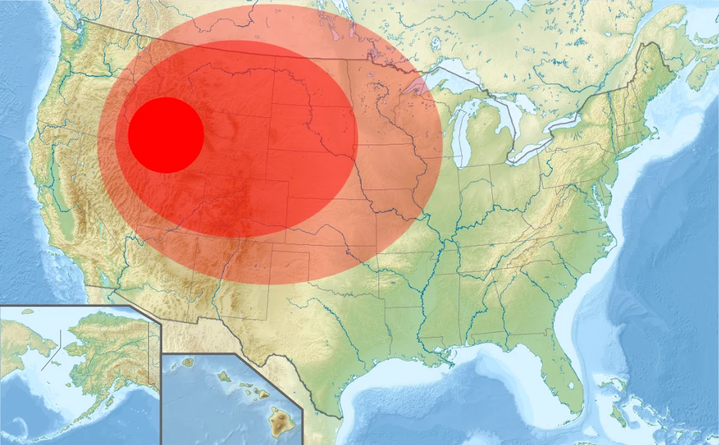Przewidywany zasięg eksplozji w Parku Yellowstone