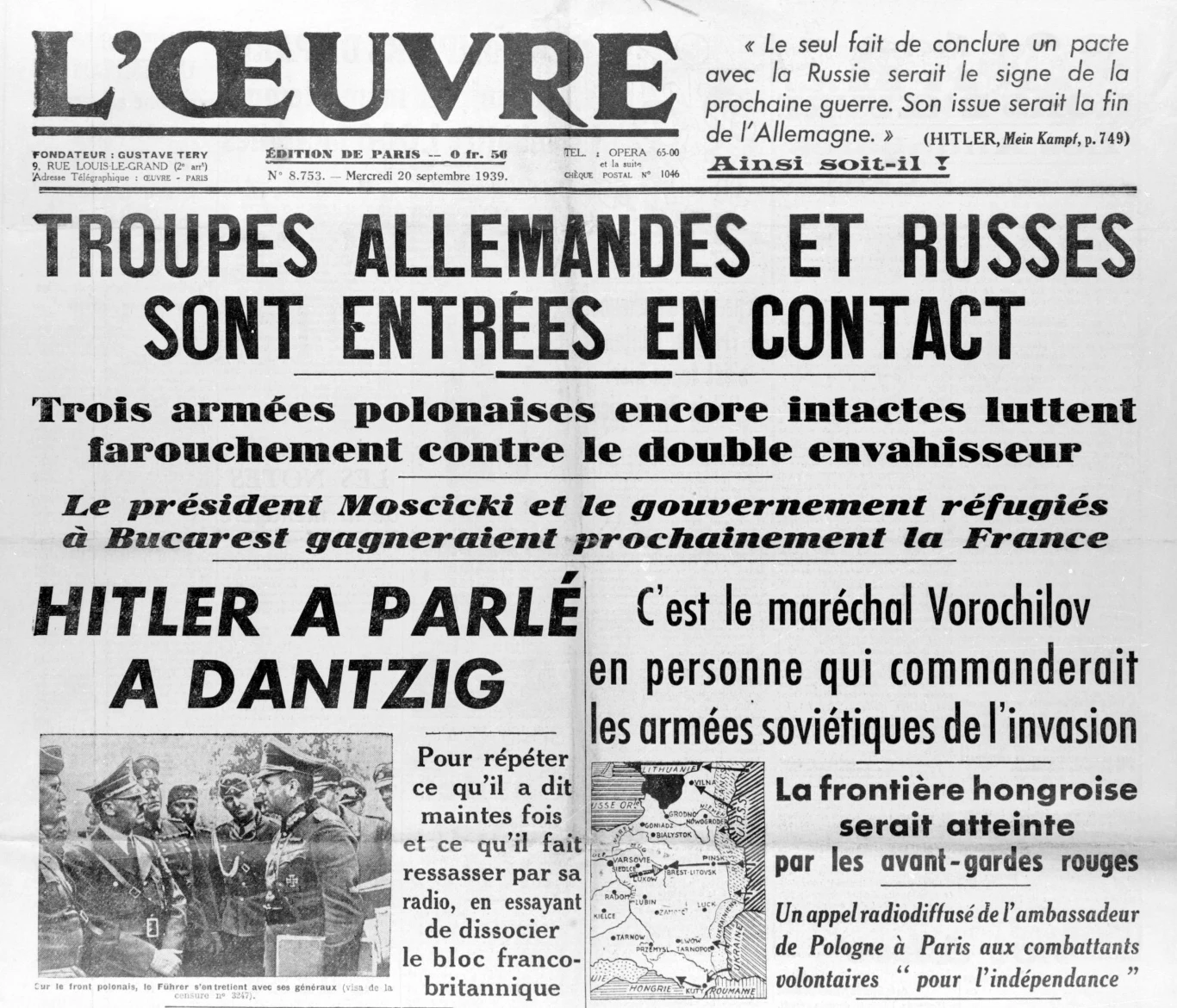 Gazeta "L'Oeuvre" z 20 września 1939 roku informuje o sowieckiej napaści na Polskę 