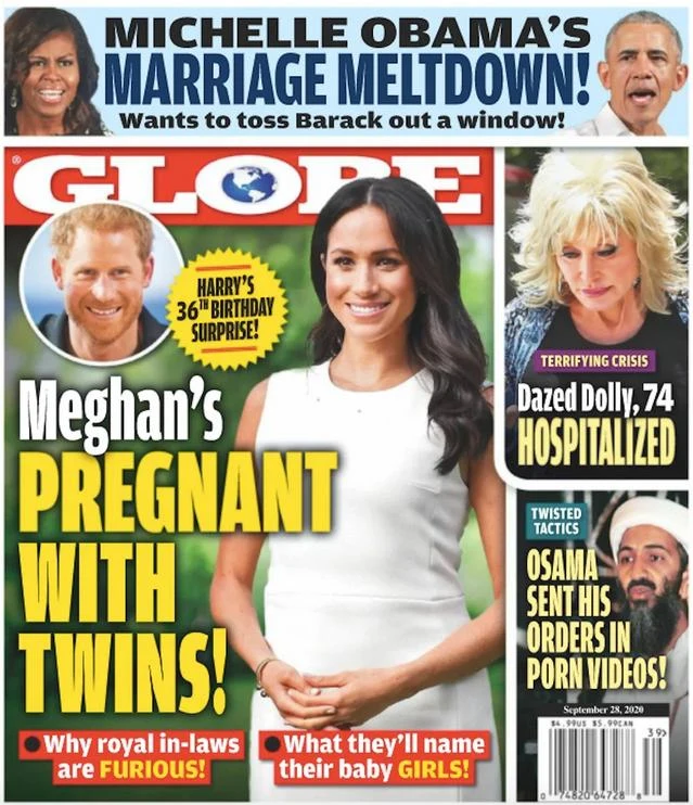 Okładka magazynu "Globe", która ogłasza ciążę Meghan Markle 