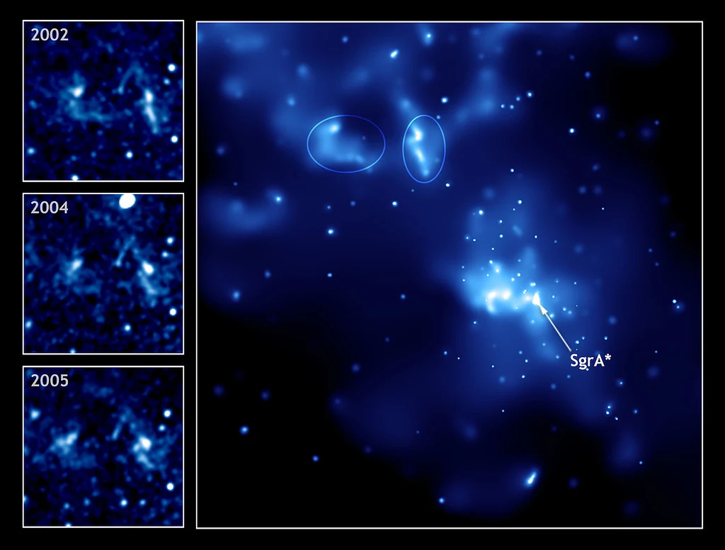 Sagittarius A* (w środku) i dwa jasne źródła z wybuchów (zaznaczone elipsami)