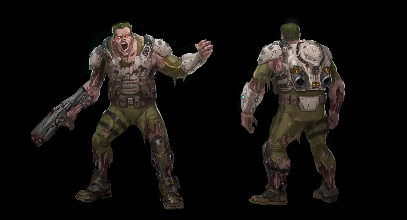 "Ten projekt jest hołdem dla klasycznego zombie z pierwszego DOOM-a (1993). Reżyser gry, Hugo Martin, nie chciał zrezygnować z zielonych włosów, a ja byłem zaskoczony, jak dobrze to wyszło, mimo komicznego wyglądu. Coś takiego można zrobić wyłącznie w grze z serii DOOM" - Alex Palma.