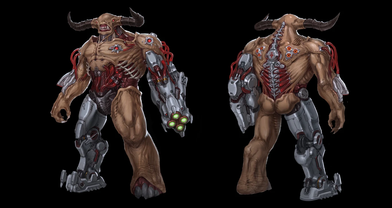 "Straszliwe połączenie ciała i metalu przypomina nam oryginalnego cyberdemona z DOOM-a (1993). Chcieliśmy zachować ducha i elementy projektowe oryginalnej grafiki 2D, jednocześnie aktualizując potwora do współczesnej ery gier. Niektórzy fani mogą też zauważyć, że czaszka tyrana jest metaliczna i mechaniczna – to odniesienie do pewnego filmu akcji z lat 80., w którym występowały zabójcze cyborgi" - Emerson Tung.
