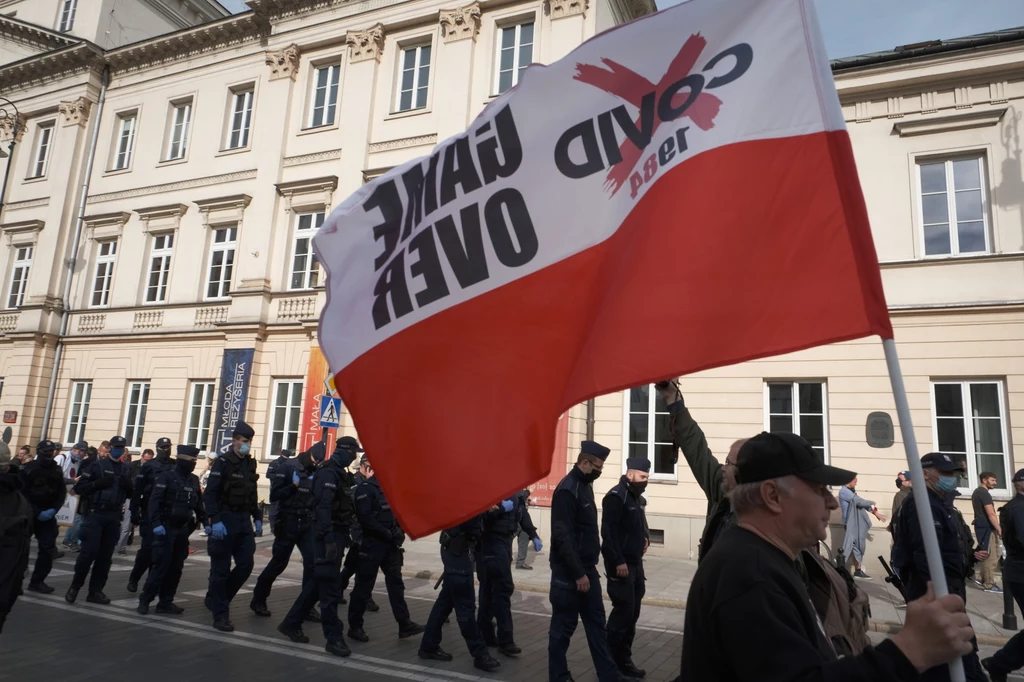 "Wyłącz telewizor. Włącz myślenie" – apelowała do uczestników wiecu. Twierdziła, że nie ma naukowych dowodów na istnienie pandemii.