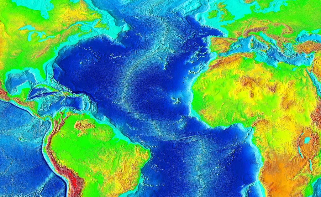 Mapa batymetryczna (głębokości) oceanu. Fot.  National Oceanic and Atmospheric Administration