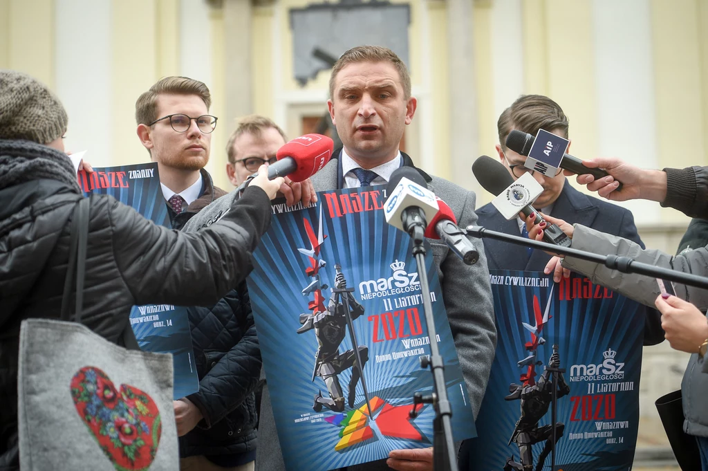 Warszawa: Konferencja organizatorów Marszu Niepodległości. Na zdjęciu: Tomasz Kalinowski, Robert Bakiewicz