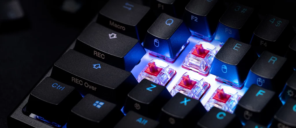 Przełączniki HyperX mają widoczne podświetlenie LED. Klawisze z dwuwarstwowo formowanymi nakładkami Ducky PBT działają płynnie, a ich dodatkowe funkcje są wydrukowane w widoczny sposób na bocznych ściankach. Przełączniki HyperX mają widoczne podświetlenie LED. Klawisze z dwuwarstwowo formowanymi nakładkami Ducky PBT działają płynnie, a ich dodatkowe funkcje są wydrukowane w widoczny sposób na bocznych ściankach.