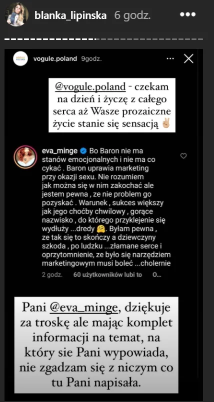 Odpowiedź Blanki Lipińskiej na słowa Ewy Minge Odpowiedź Blanki Lipińskiej na słowa Ewy Minge