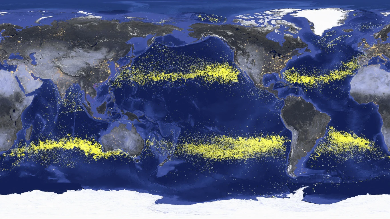 Symulacja przedstawiająca dryf oceanicznych śmieci na naszej planecie Symulacja przedstawiająca dryf oceanicznych śmieci na naszej planecie