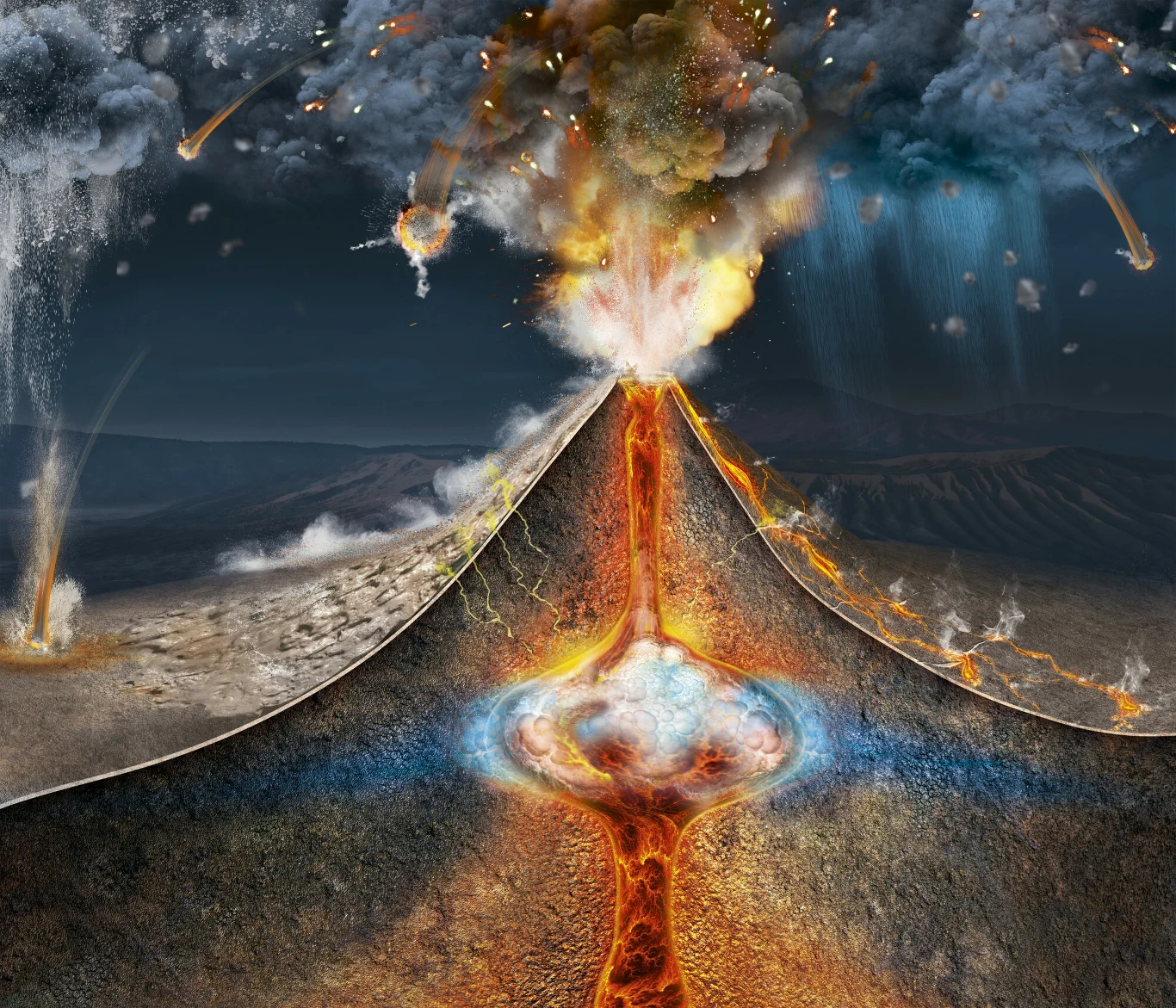 Przekrój pokazujący erupcję wulkanu Tambora
