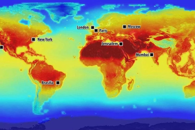 Grafika przygotowana przez NASA - możliwa mapa temperatur w 2100 roku