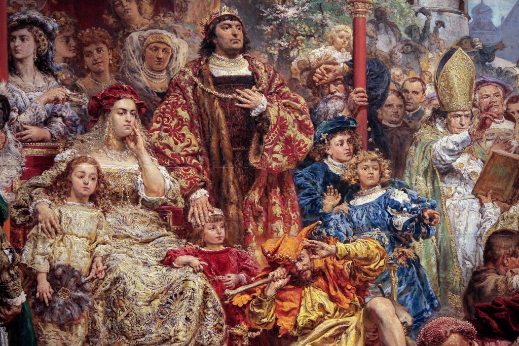 Zawieszenie dzwonu Zygmunta roku w Krakowie, malował Jan Matejko. Król Zygmunt I Stary, królowa Bona Sforza oraz dzieci króla