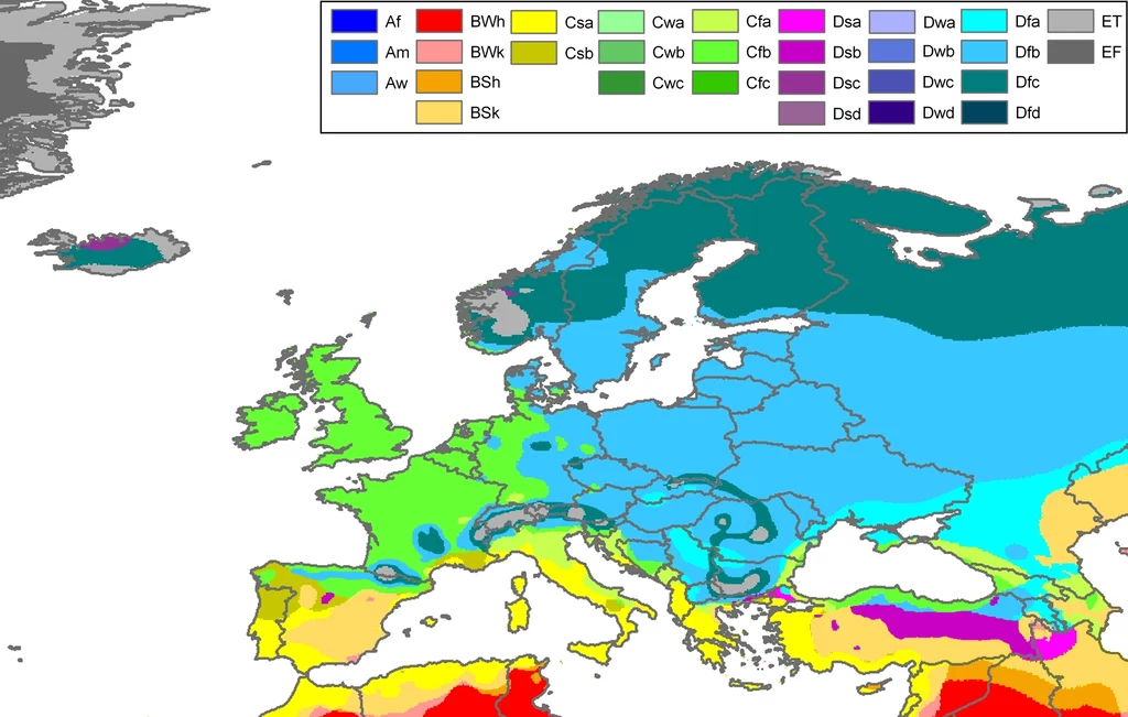 Mapa Europy według klasyfikacji klimatów Köppena. Polska należy do strefy umiarkowanego klimat kontynentalnego, ale nawet w niej potrafią znaleźć się ekstrema