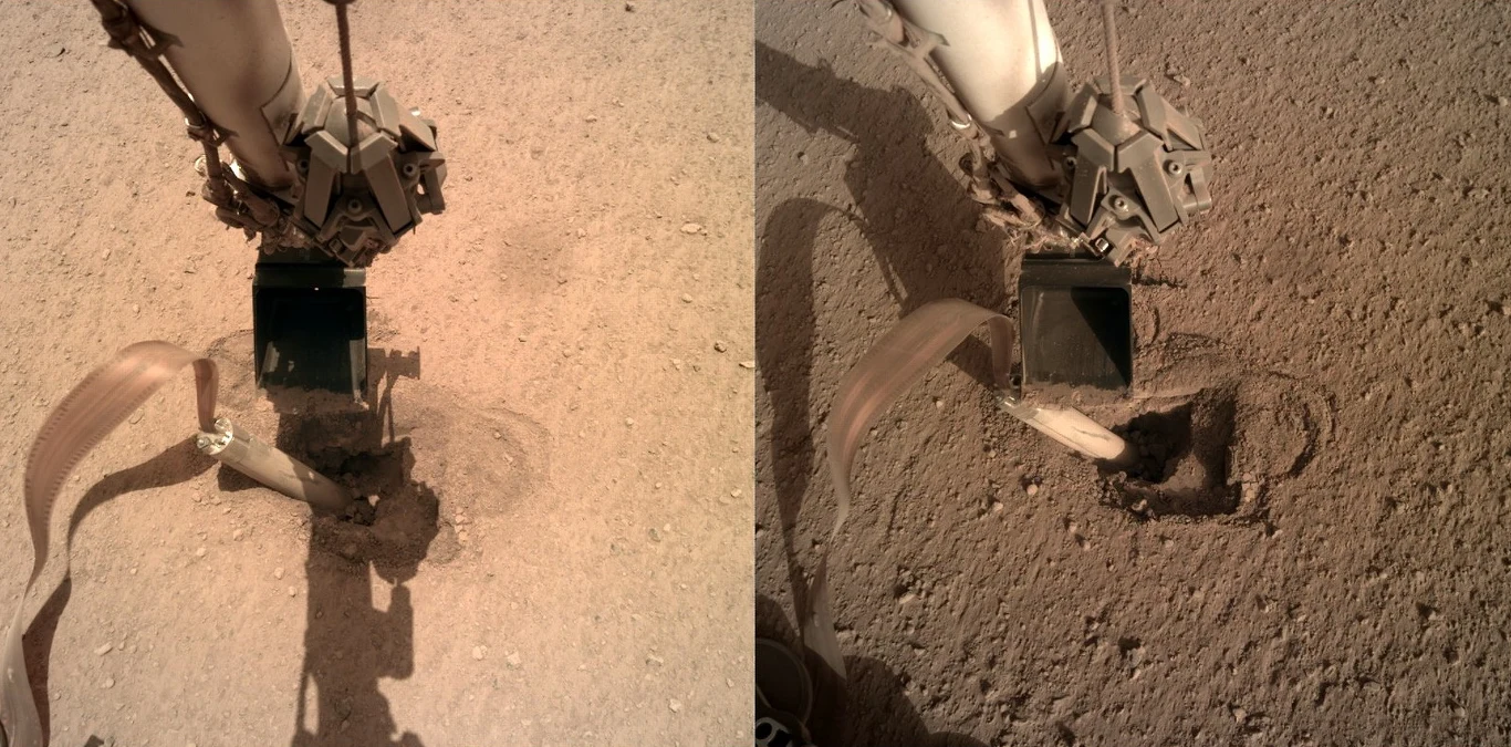 Dwa spojrzenia na stanowisko Kreta - po lewej zdjęcie z 15 lutego 2020, po prawej zdjęcie z 23 lutego 2020. Widoczny ruch manipulatora misji InSight / Credits - NASA Dwa spojrzenia na stanowisko Kreta - po lewej zdjęcie z 15 lutego 2020, po prawej zdjęcie z 23 lutego 2020. Widoczny ruch manipulatora misji InSight / Credits - NASA