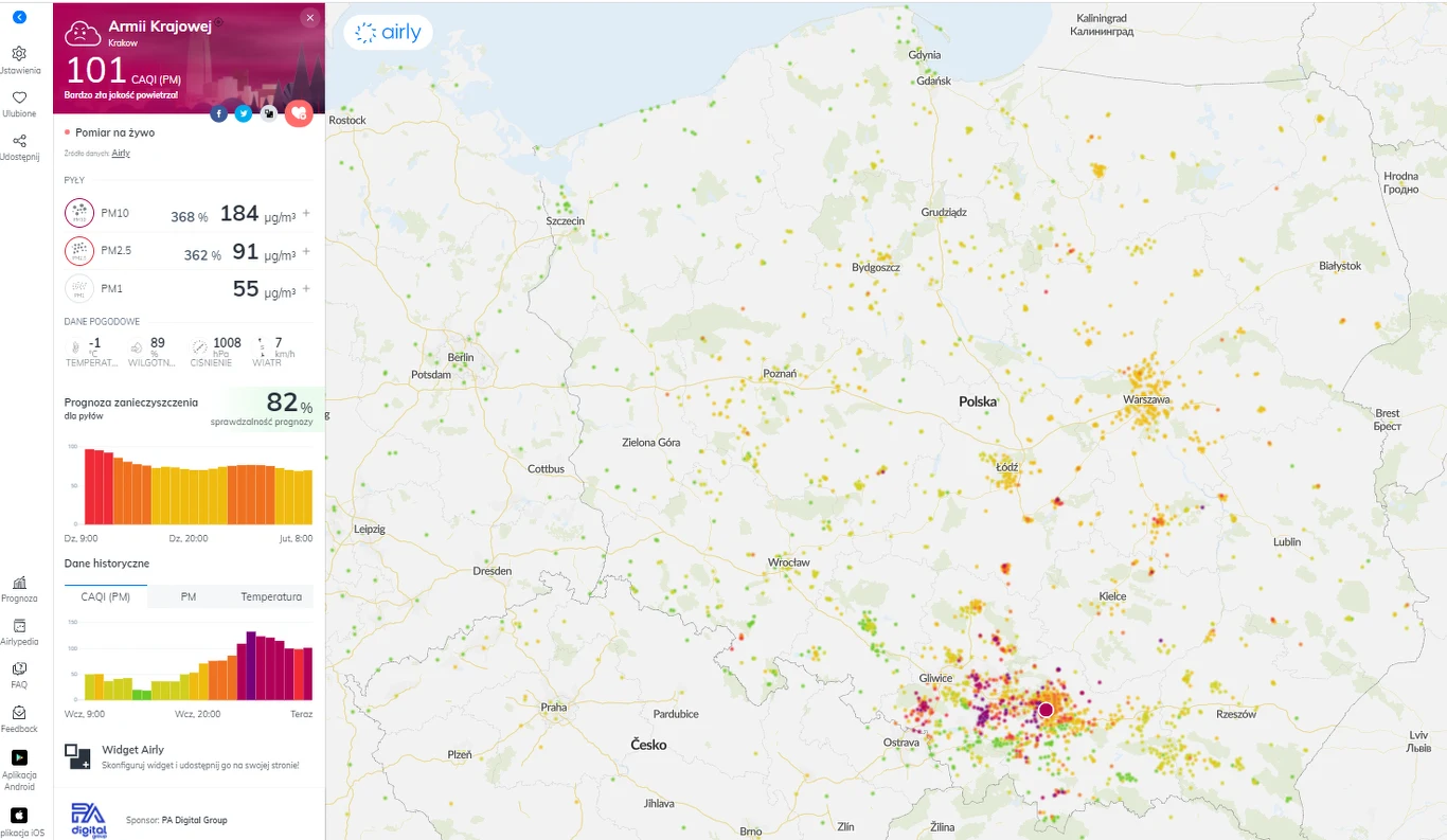 Mapa smogu w Polsce, stan na 8:30