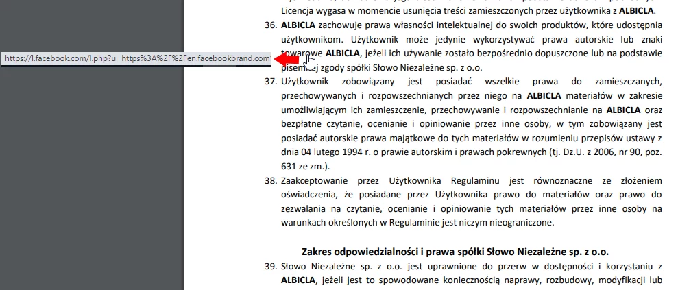 Zrzut ekranu z regulaminu serwisu Albicla, fragment punktu 36. ma hiperłącze do Facebooka