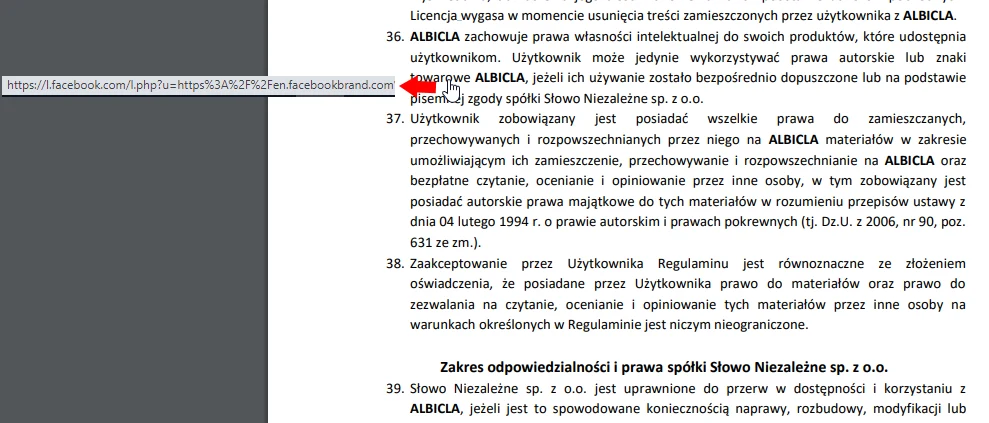 Zrzut ekranu z regulaminu serwisu Albicla, fragment punktu 36. ma hiperłącze do Facebooka Zrzut ekranu z regulaminu serwisu Albicla, fragment punktu 36. ma hiperłącze do Facebooka