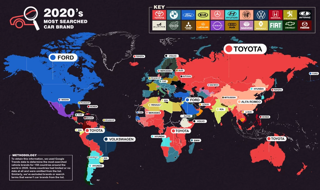 Najczęściej wyszukiwane marki wg kraju